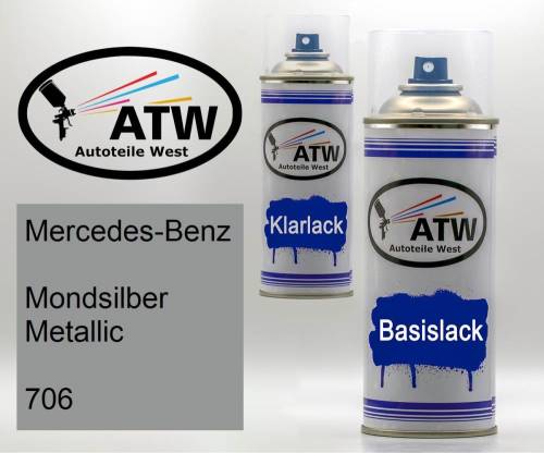 Mercedes-Benz, Mondsilber Metallic, 706: 400ml Sprühdose + 400ml Klarlack - Set, von ATW Autoteile West.